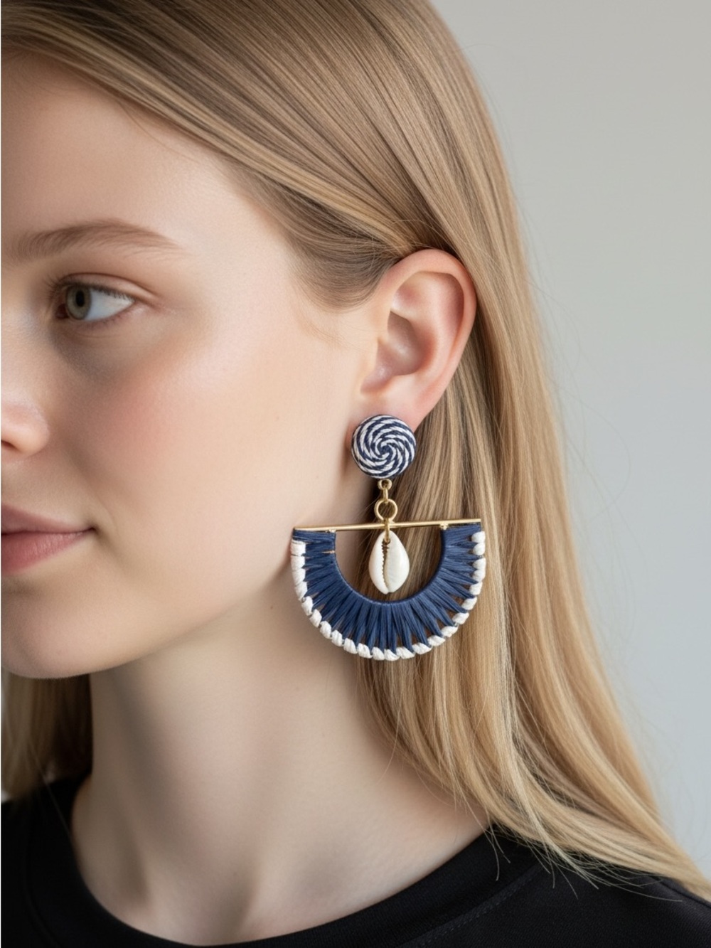 9/16 Handmade Navy and White Raffia Fan Drop Earrings with Shell Accent